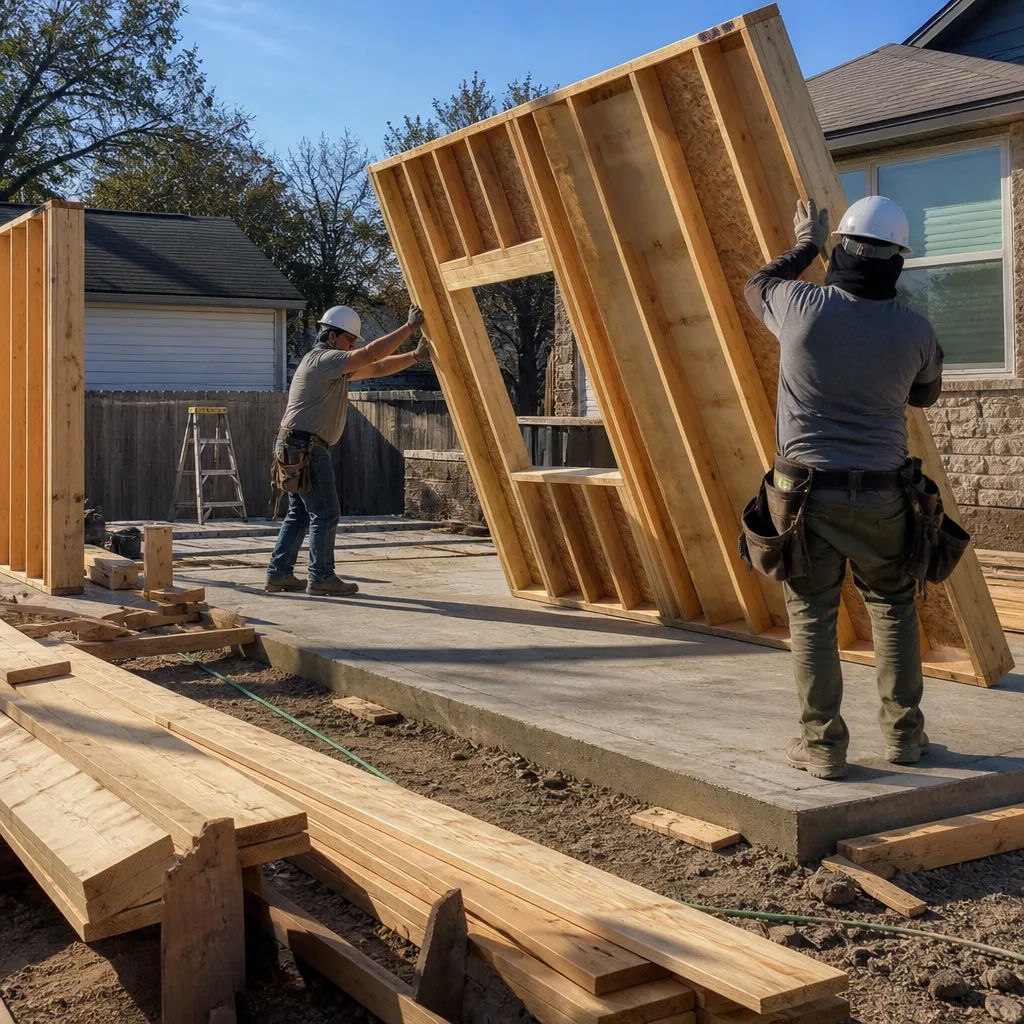 Two construction workers installing a wooden ADU wall frame