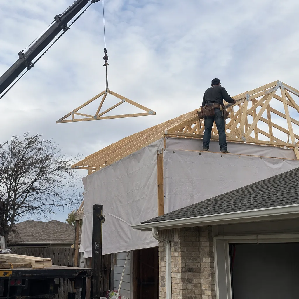Contractor installing roof trusses on a residential home addition project