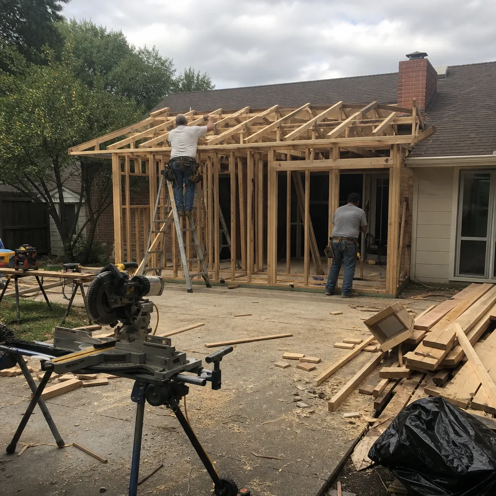 contractors framing a new home addition on a residential property