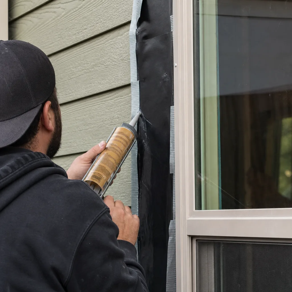 Contractor applying sealant to exterior window frame of home addition
