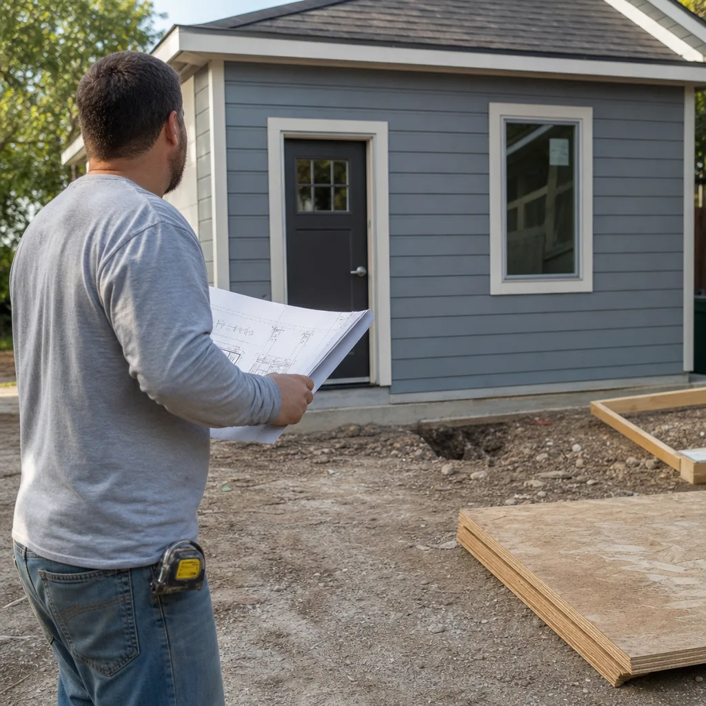 Contractor reviewing blueprints in front of a newly built accessory dwelling unit