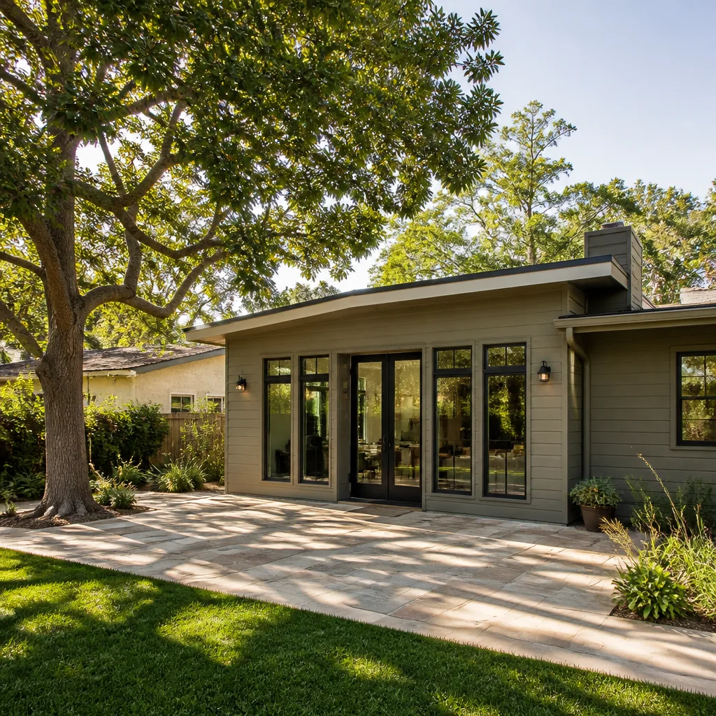 A single-story rear room addition with tall windows and a new patio